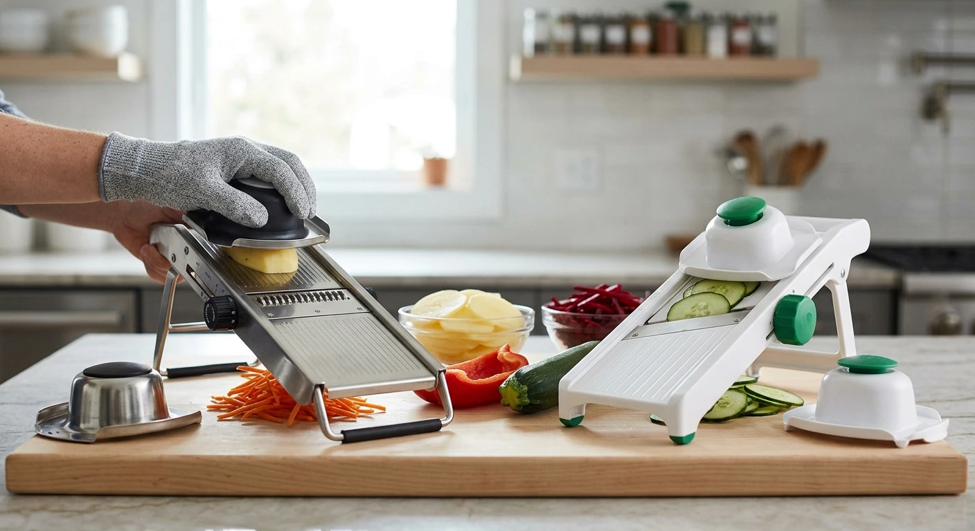 Mandoline Inox e Mandolin Plastico em cima de uma bancada de cozinha