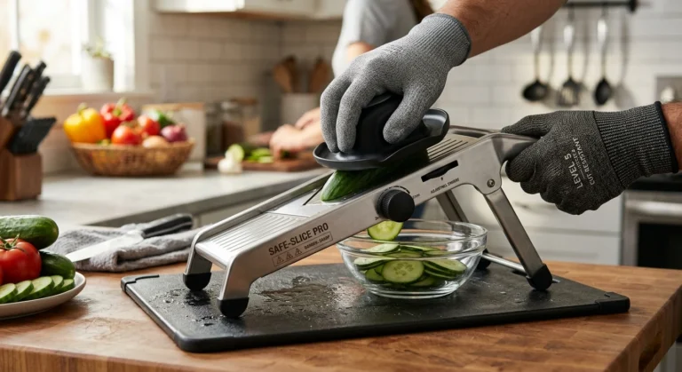 Pessoa utilizando um mandoline profissional com seguranca