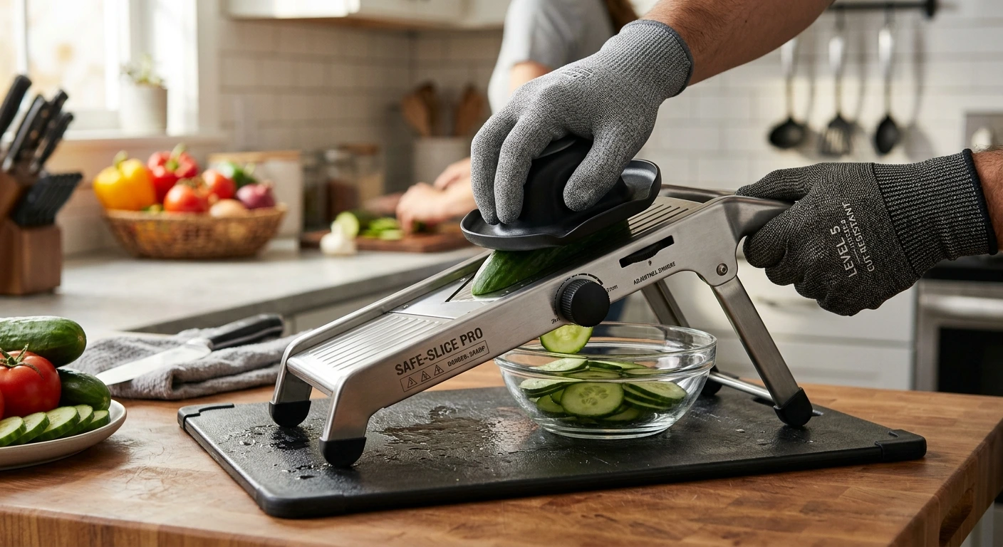 Pessoa utilizando um mandoline profissional com seguranca